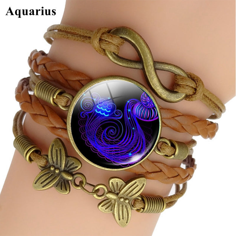 Pulsera de Cuero Tejido con Signo Zodiacal Brillante