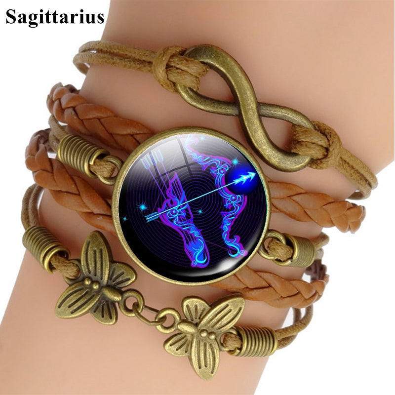 Pulsera de Cuero Tejido con Signo Zodiacal Brillante