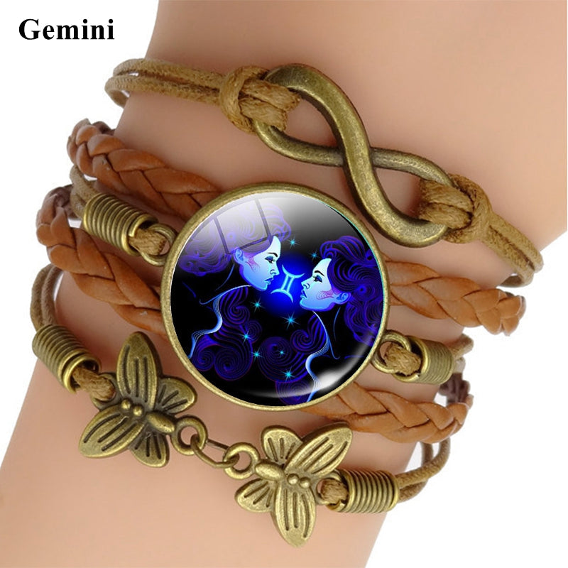 Pulsera de Cuero Tejido con Signo Zodiacal Brillante