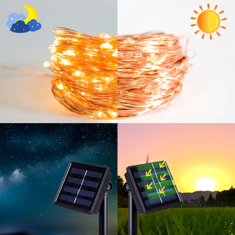 Luces LED Solares en Color Dorado con Carga Solar - 20 Metros